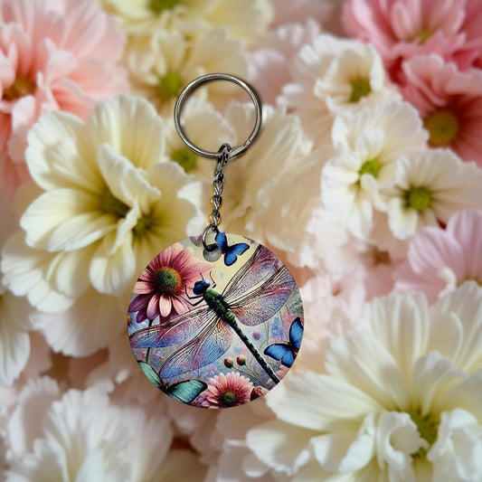 Dragonfly with blue butterflies and pink flowers