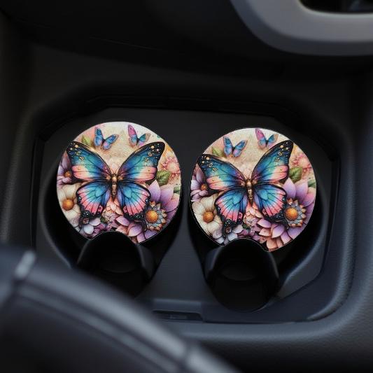 Pretty blue and pink butterfly with purple lotus flower