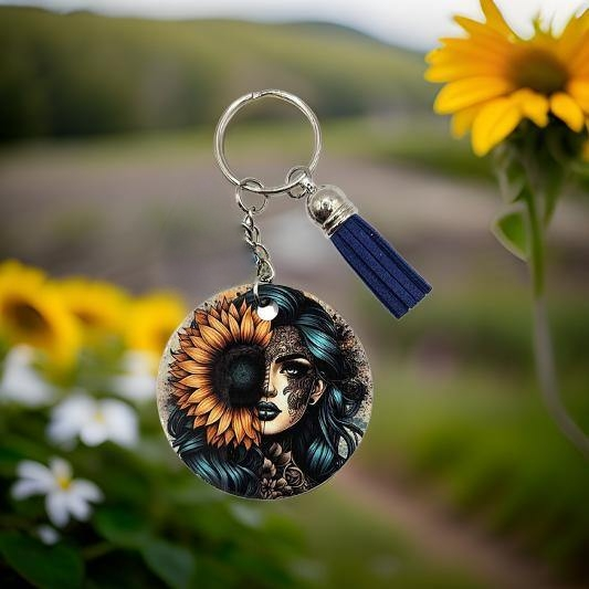Beautiful Free Spirit Girl with Sunflower and Emerald Hair