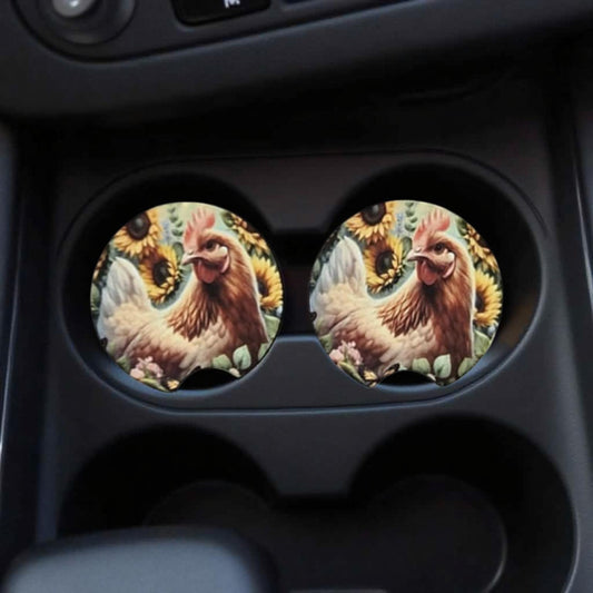 Chicken and sunflowers