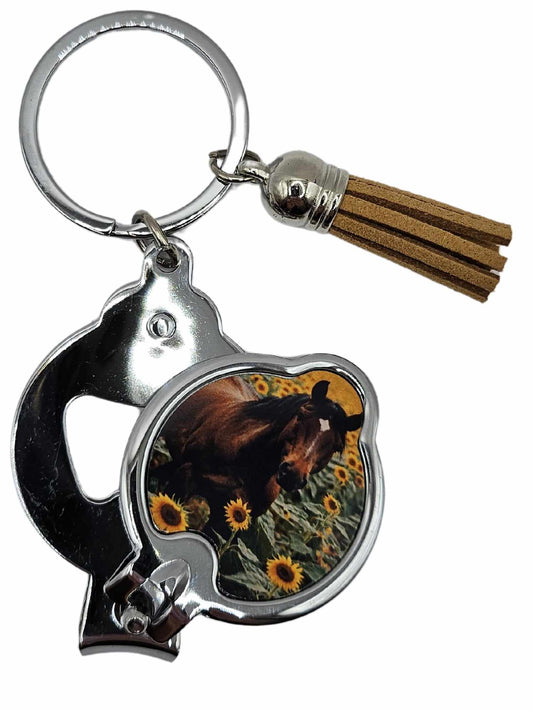 Horse in sunflower field