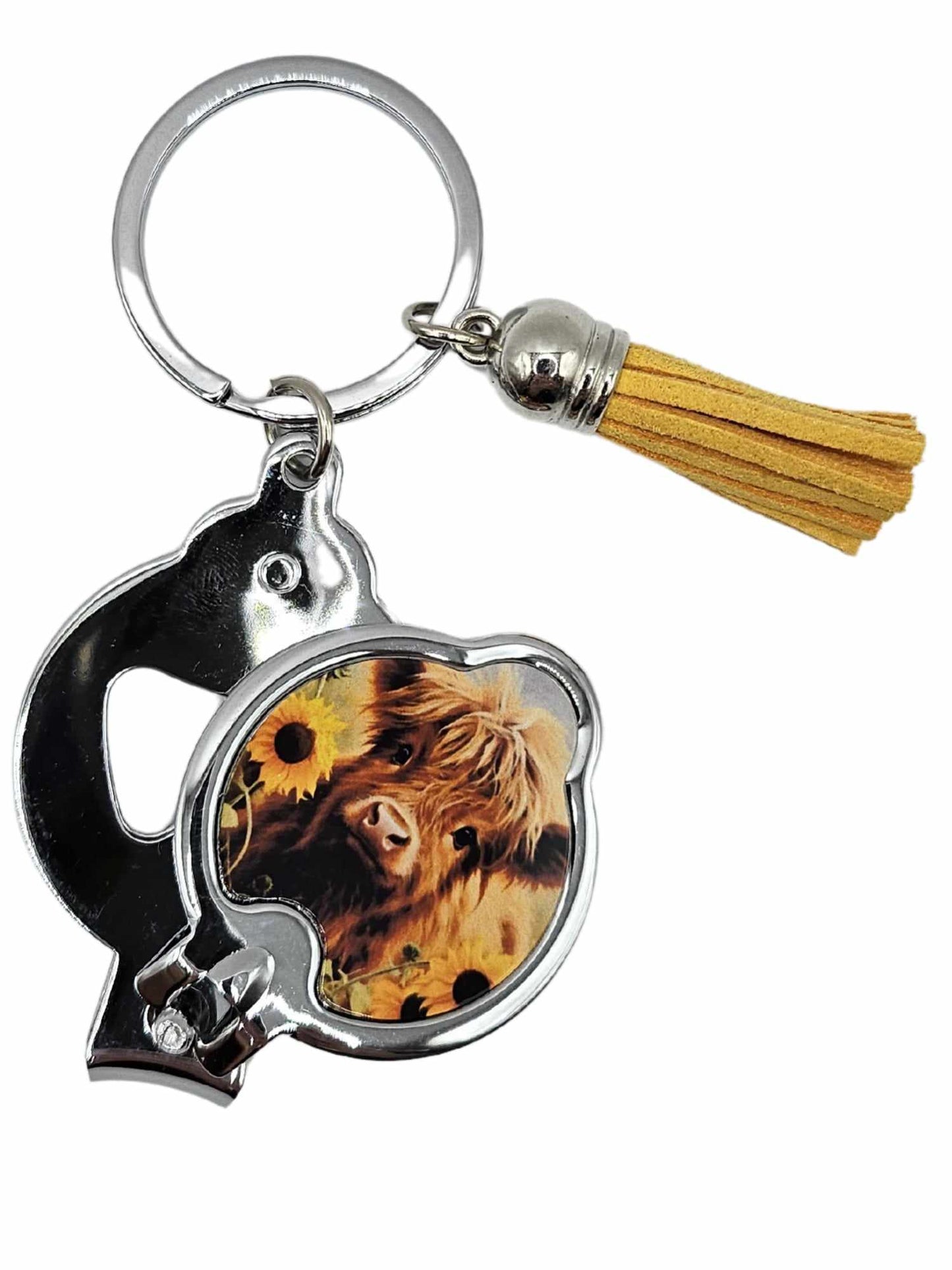 Cute highland cow with sunflowers