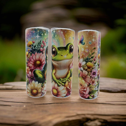 Cute frog with flowers and rainbow glitter