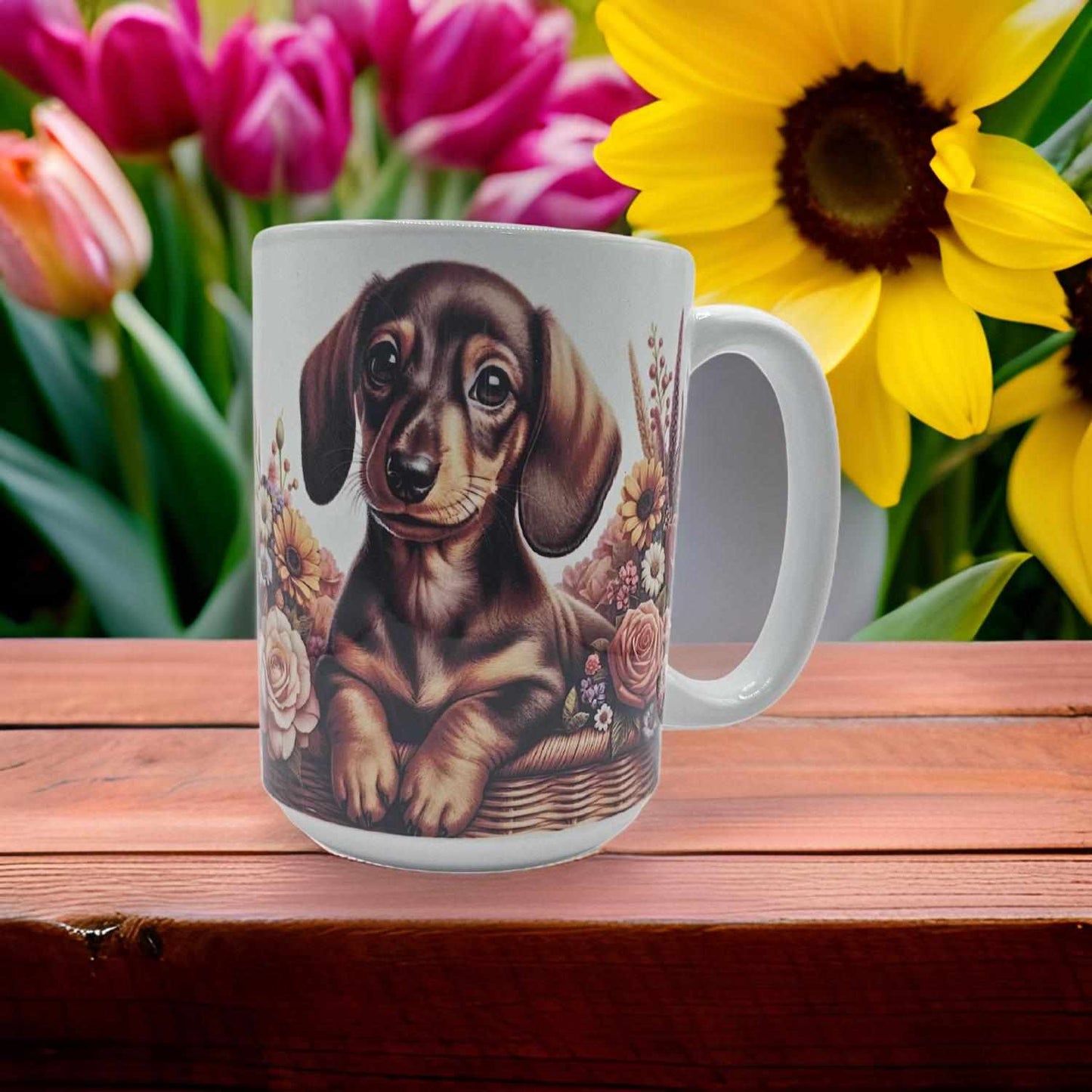 Cute Dark brown Dachshund in a basket