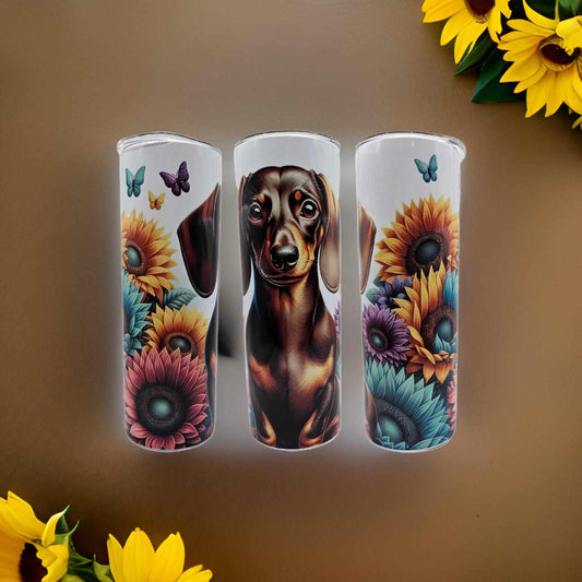 Dachshund with coloured sunflowers