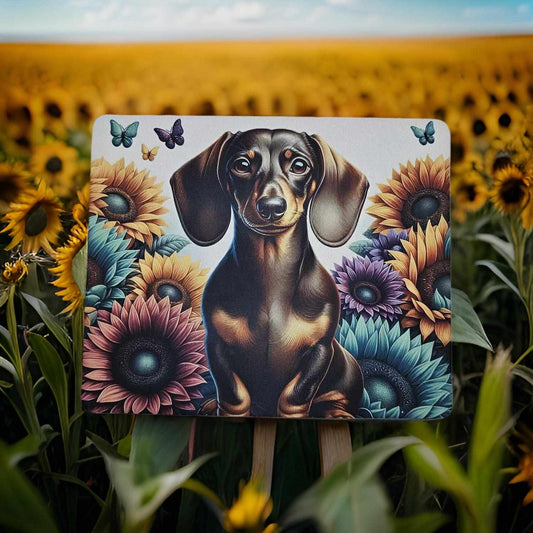 Dachshund with coloured sunflowers