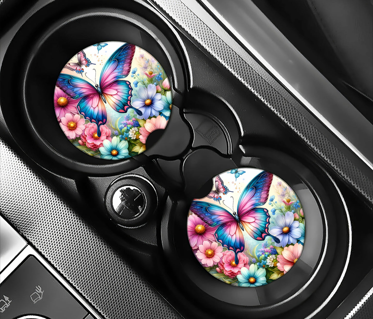 Pretty pink and blue butterfly with flowers