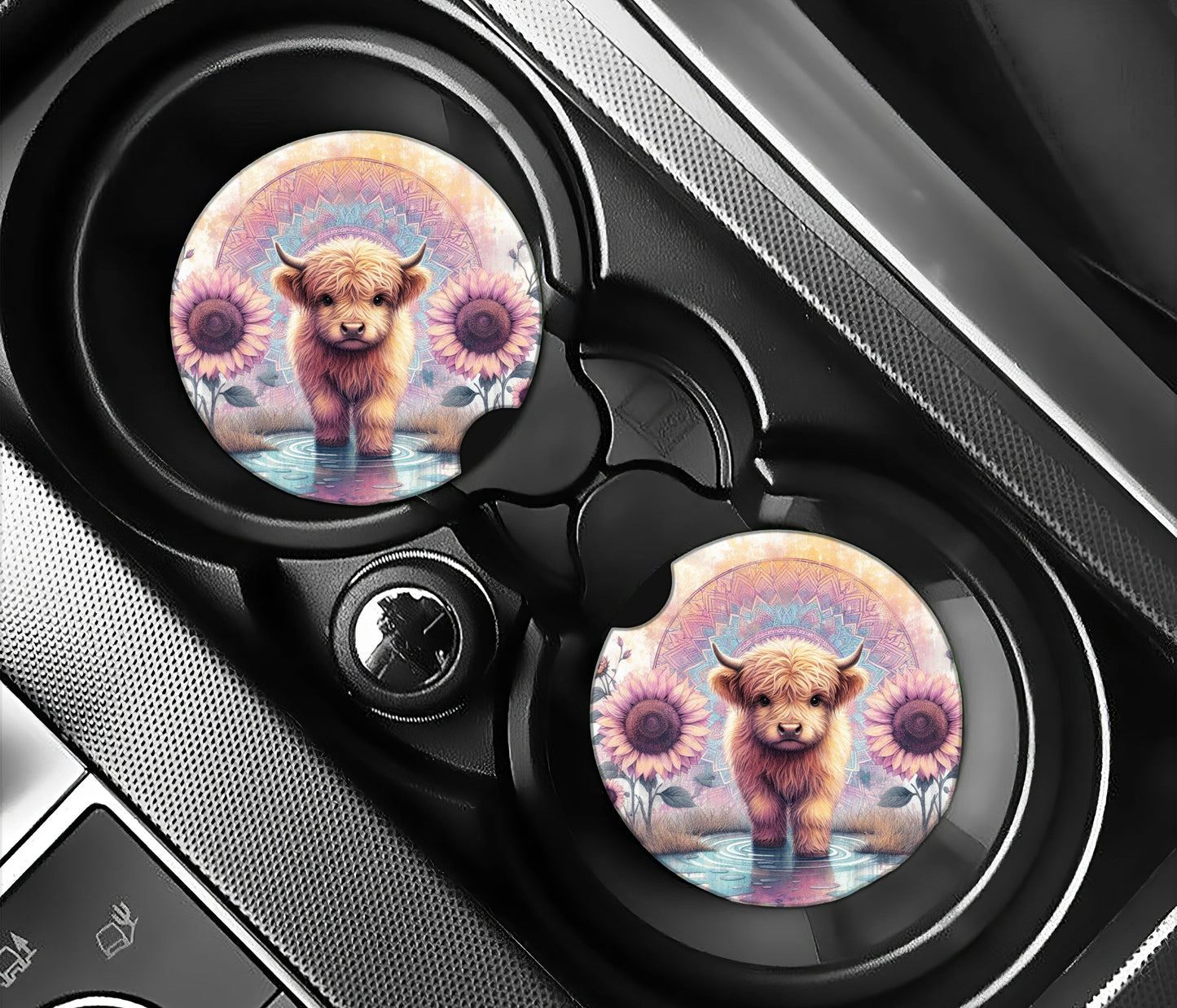 Boho and mandala baby highland cow with pink sunflowers