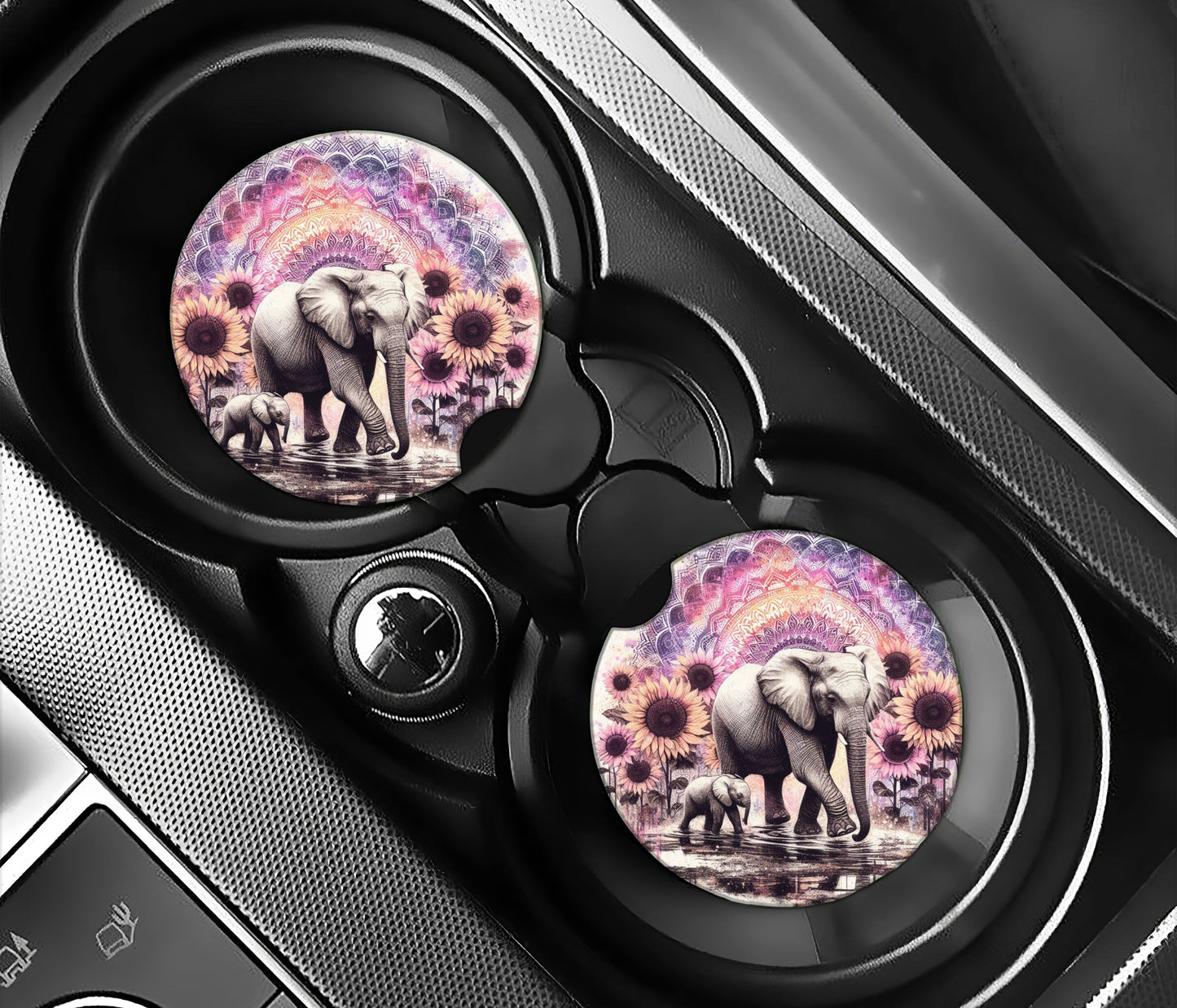 Elephants with sunflowers and mandala