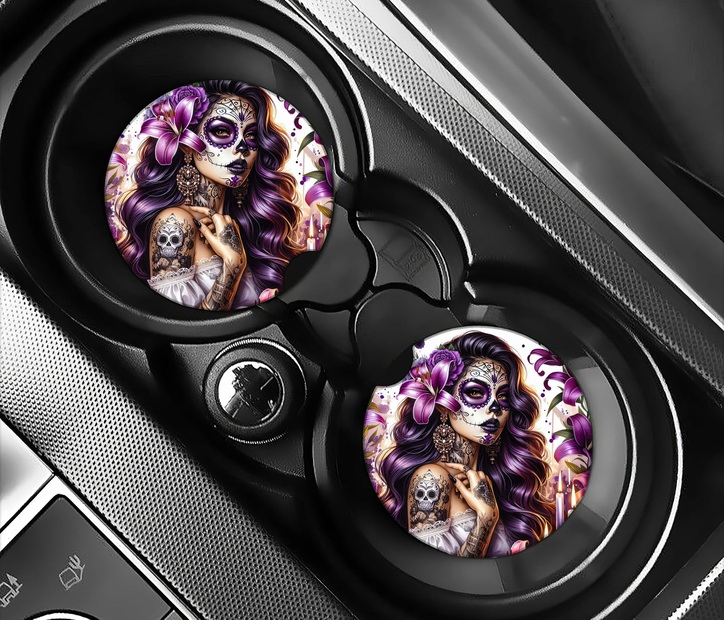 Sugar Skull girl with purple flower in her hair