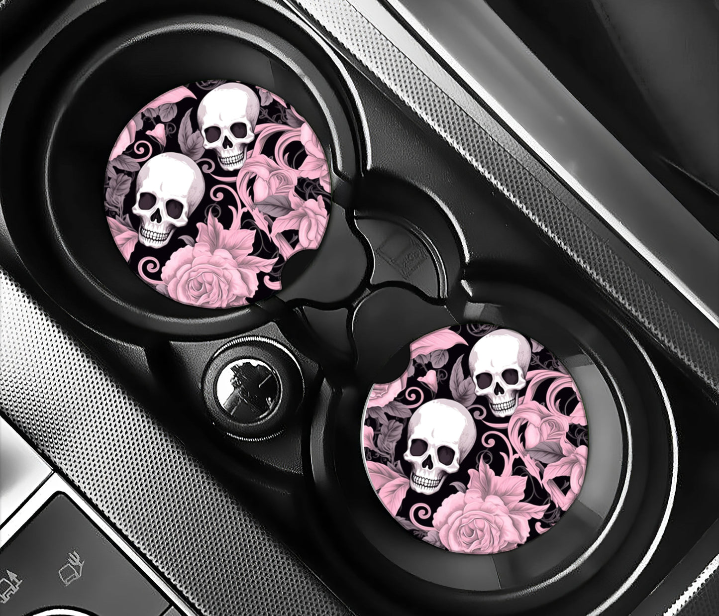 Pink flowers, swirls and cartoon skulls