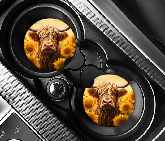 Highland cow and sunflowers