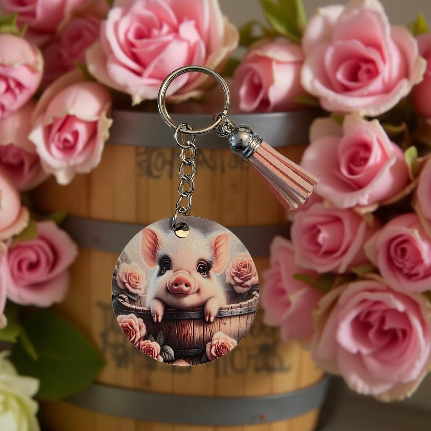 Cute pig in barrel with roses