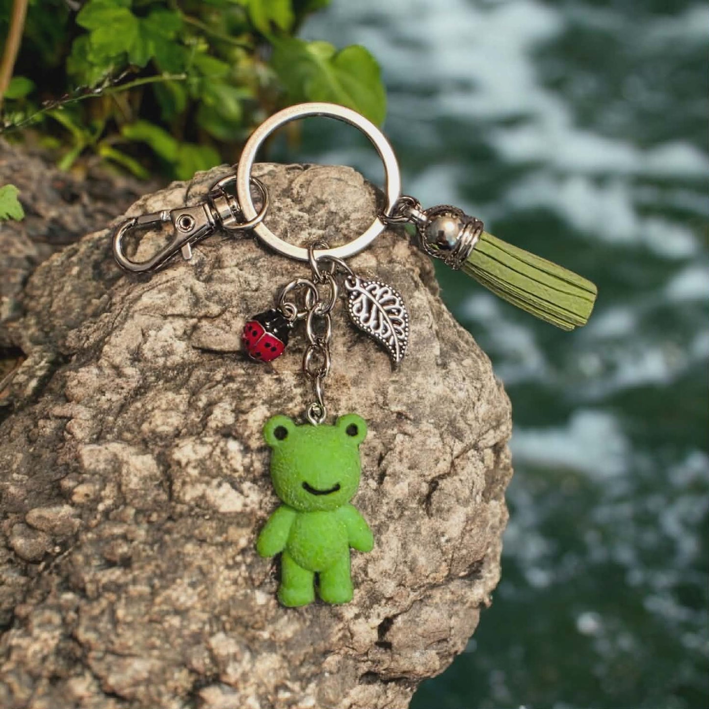 Frog with Ladybug and Leaf Charm