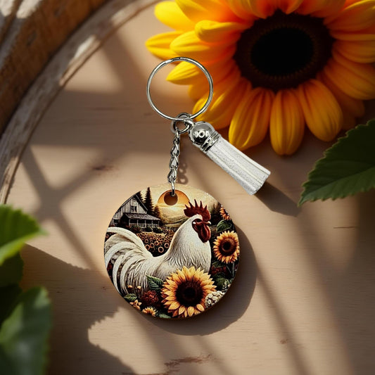 White chicken and sunflowers