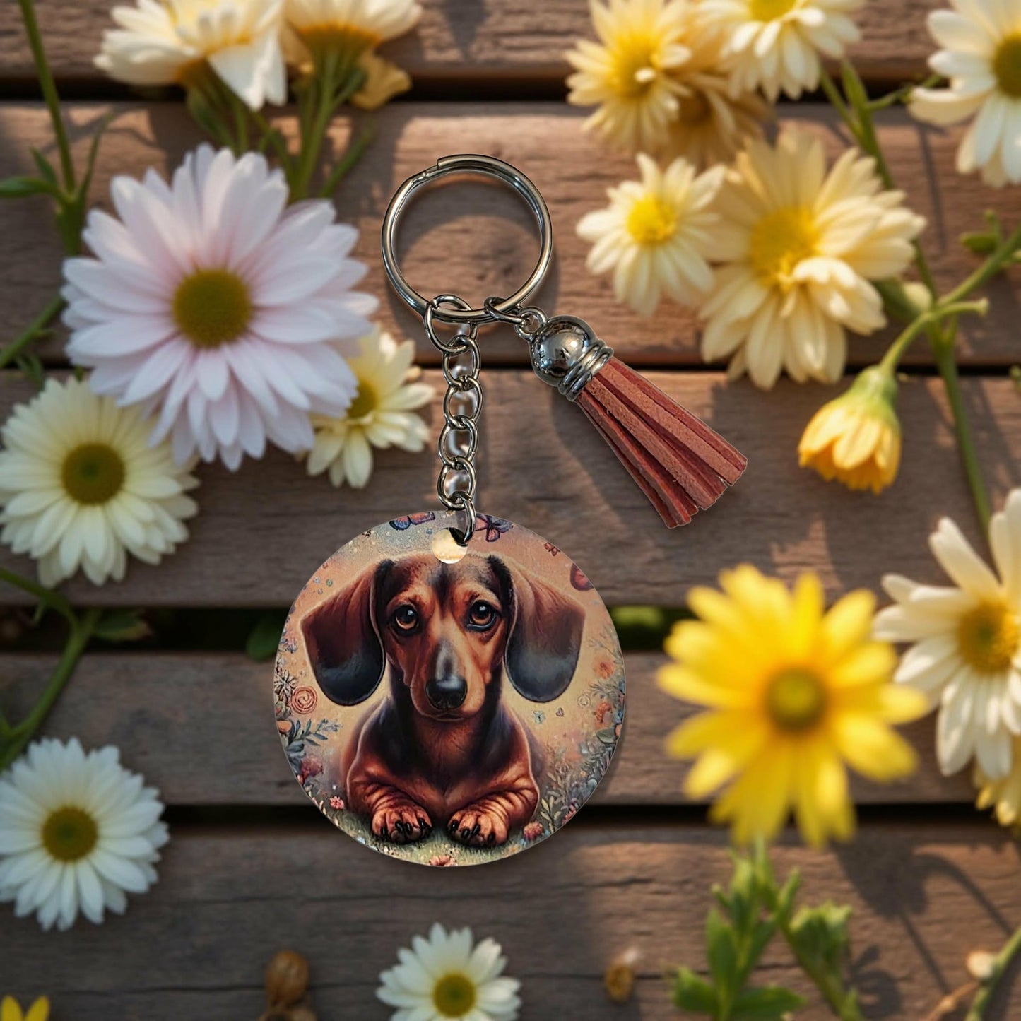 Brown and black dachshund with floral