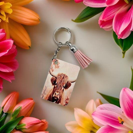 Highland cow with pink blossom trees