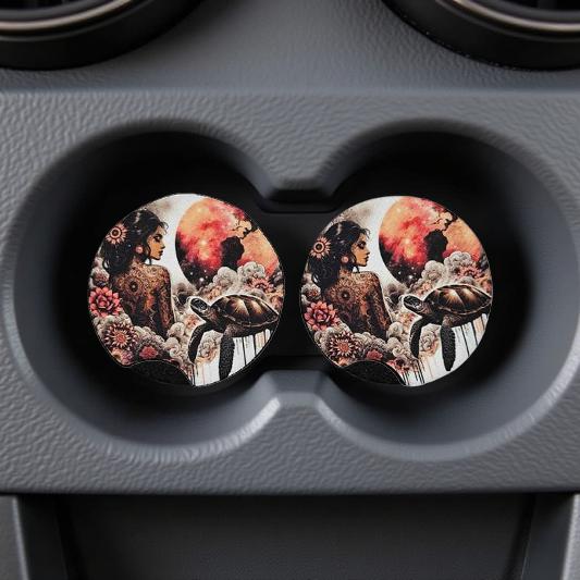 Beautiful boho girl with turtle and majestic moon