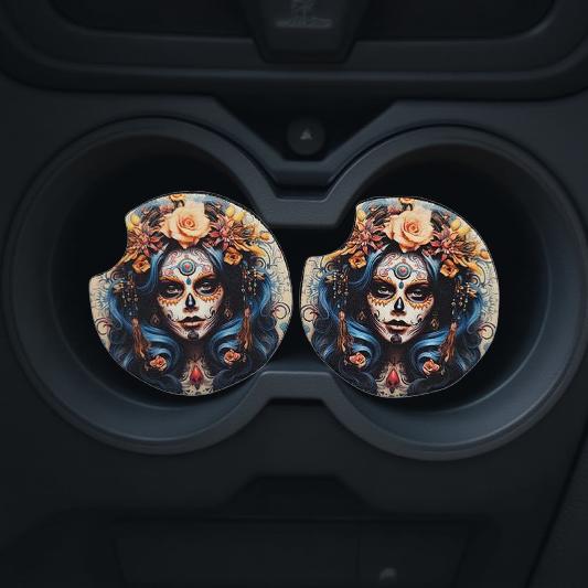 Pretty sugar skull girl with blue hair and flowers