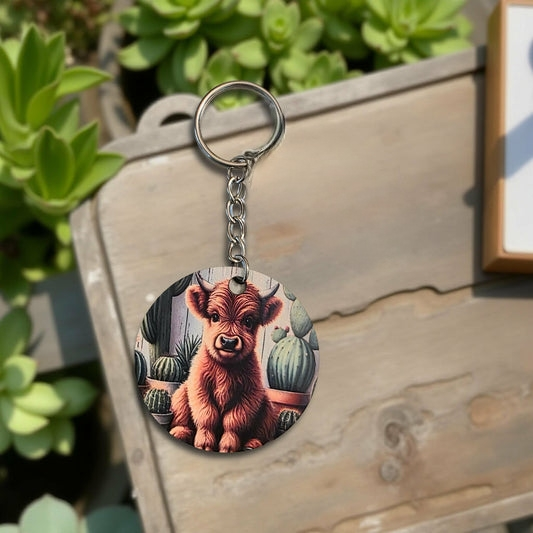 Highland cow with cactus plants