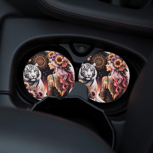 Snow tiger with beautiful silver and pink haired girl