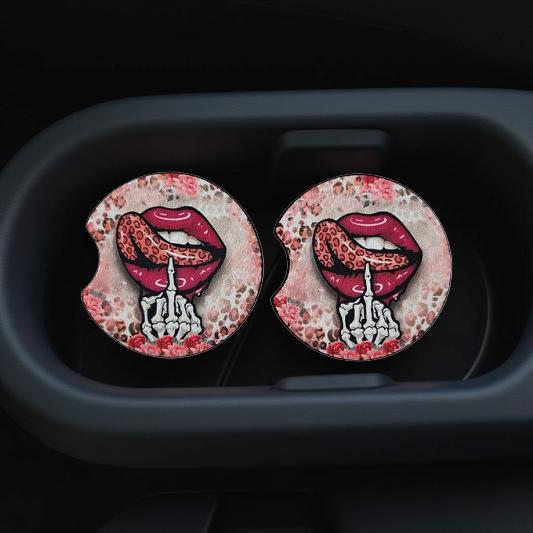 Pink lips and f*** you skull hand