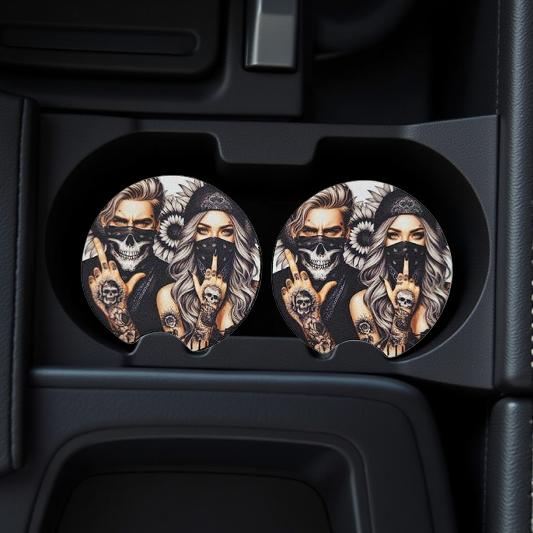 Badass couple with tattoos wearing face masks