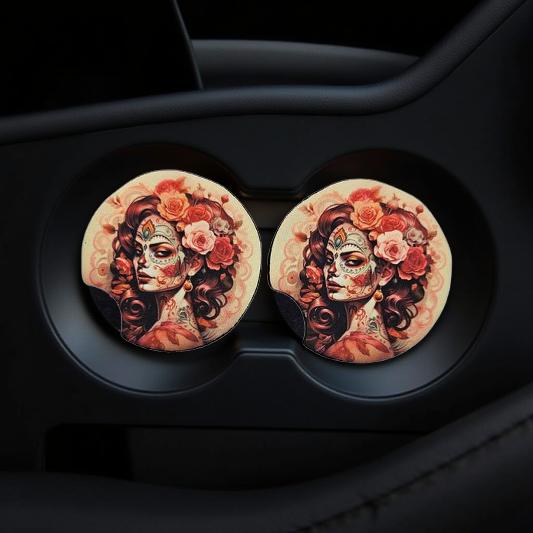 Sugar skull girl with red hair and floral