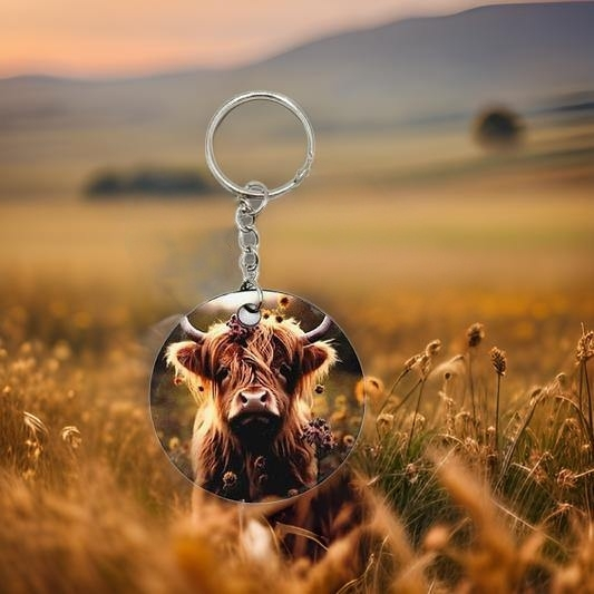 Highland cow with with dandelions