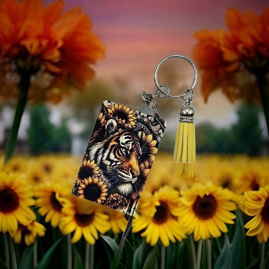 Tiger with yellow sunflowers and black and white mandala