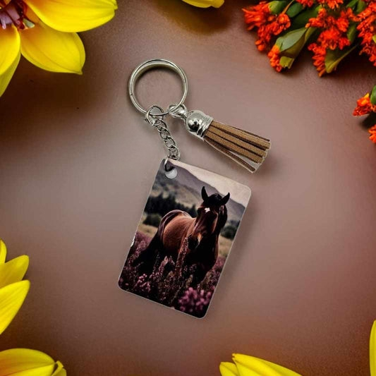 Dark Brown horse in field with purple flowers