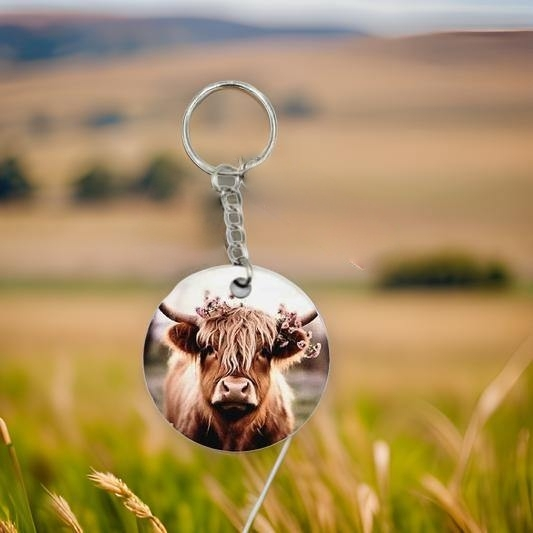 Highland Cow with Pink Blossoms