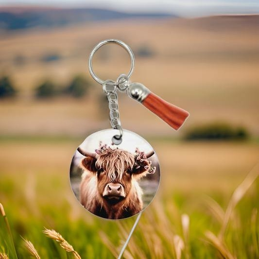 Highland Cow with Pink Blossoms
