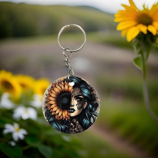 Beautiful Free Spirit Girl with Sunflower and Emerald Hair