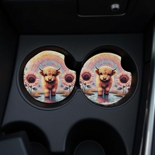 Boho and mandala baby highland cow with pink sunflowers