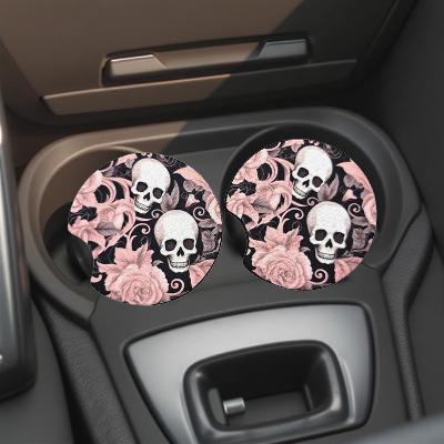 Pink flowers, swirls and cartoon skulls