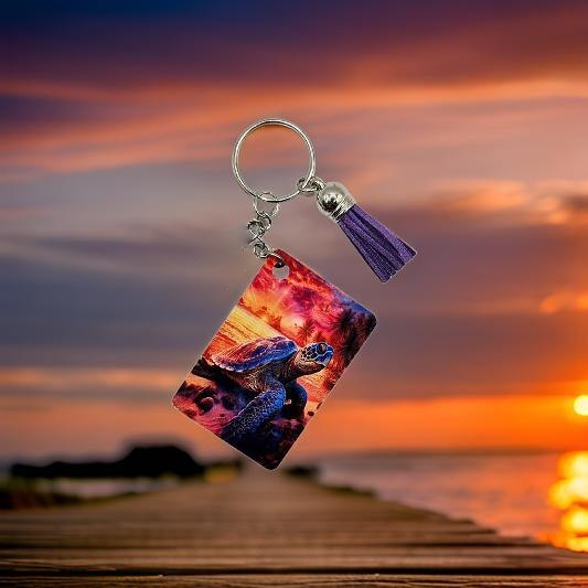 Turtle on the beach with beautiful purple sunset sky